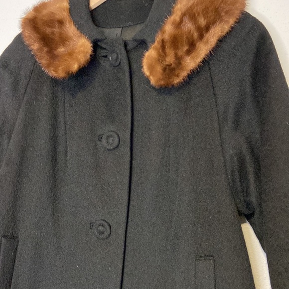 Vintage Alpaca Long Black Coat with Fur Trim Button Down Pea Coat Medium Wool - Picture 3 of 7